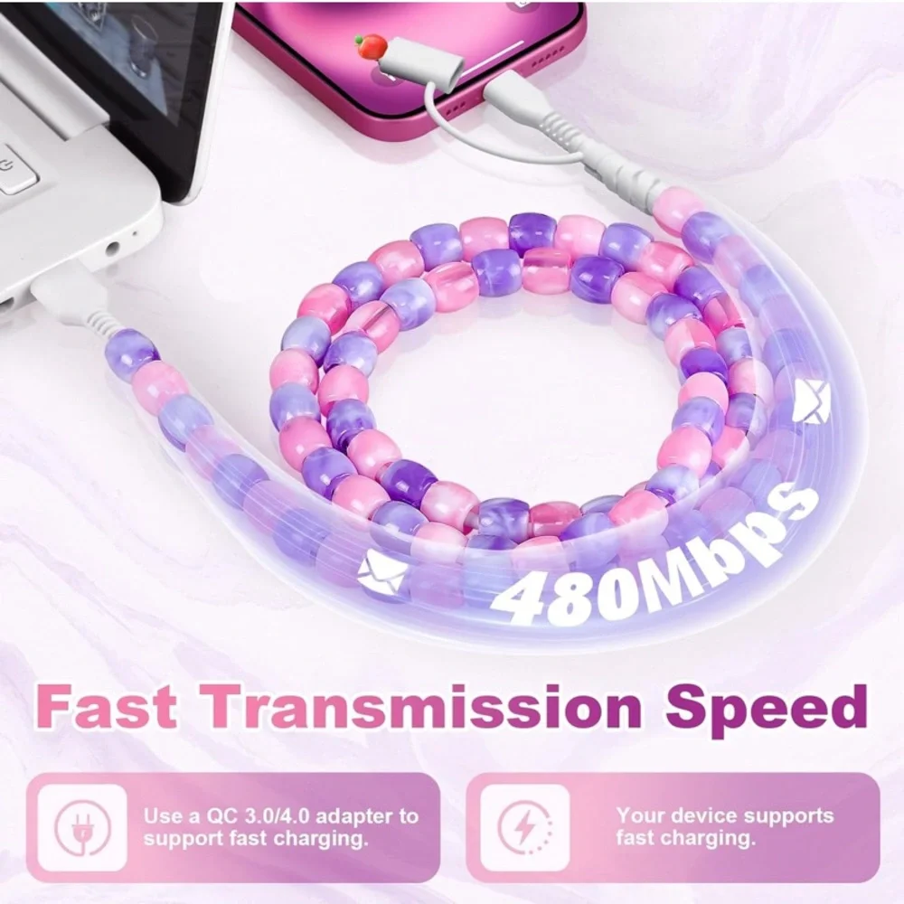 Beaded USB Charging Cable - Pink & Purple
